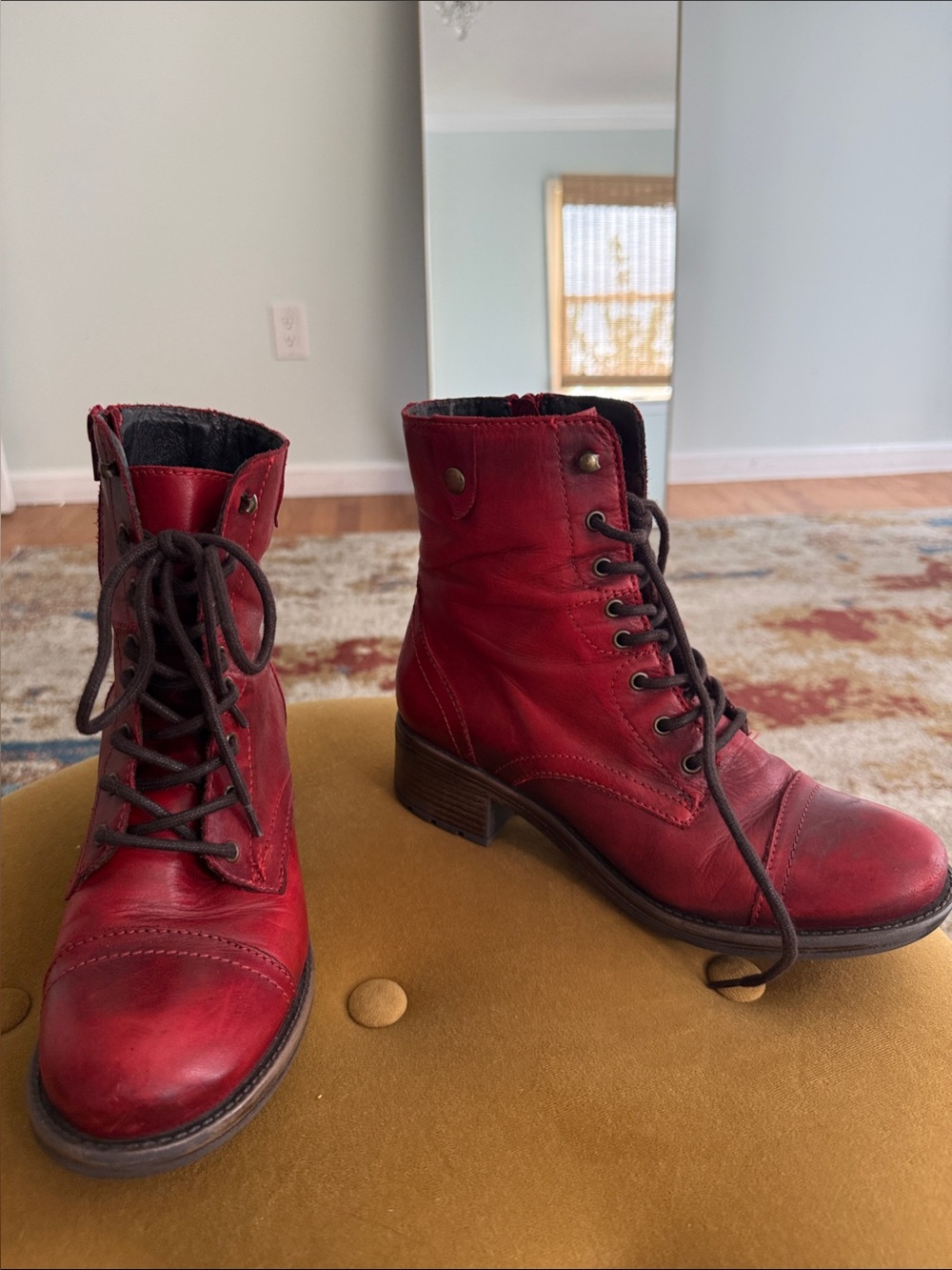 Miz Mooz CALLA Red Leather Lace-Up Combat Boots side zip- butter soft leather